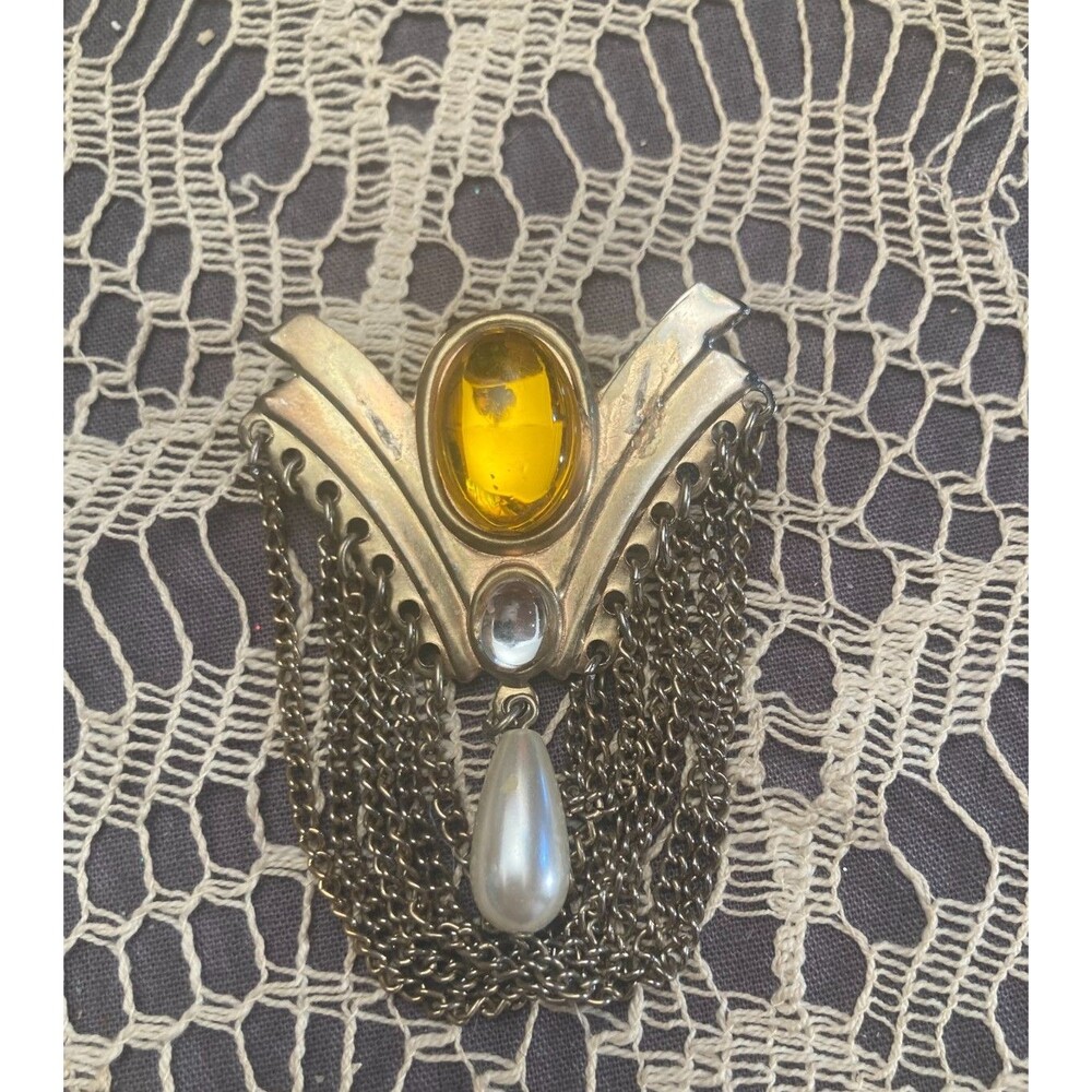 Vintage 80s Art Deco Brooch 1980s Gold Tone Film Noir Glam Academia Retro Pin
